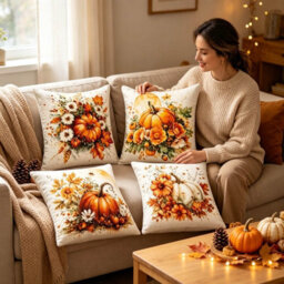 Amorly 4 Pack 45X45Cm Harvest Pillow Covers, 2D Printed Pumpkin & Autumn Floral Art, Cushion Cases, No Inserts, Sofa Indoor Decor - thumbnail 6