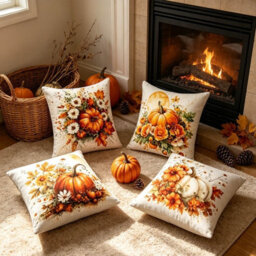 Amorly 4 Pack 45X45Cm Harvest Pillow Covers, 2D Printed Pumpkin & Autumn Floral Art, Cushion Cases, No Inserts, Sofa Indoor Decor - thumbnail 5