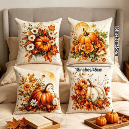 Amorly 4 Pack 45X45Cm Harvest Pillow Covers, 2D Printed Pumpkin & Autumn Floral Art, Cushion Cases, No Inserts, Sofa Indoor Decor - thumbnail 4