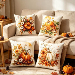 Amorly 4 Pack 45X45Cm Harvest Pillow Covers, 2D Printed Pumpkin & Autumn Floral Art, Cushion Cases, No Inserts, Sofa Indoor Decor - thumbnail 3