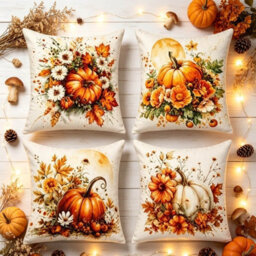 Amorly 4 Pack 45X45Cm Harvest Pillow Covers, 2D Printed Pumpkin & Autumn Floral Art, Cushion Cases, No Inserts, Sofa Indoor Decor - thumbnail 2