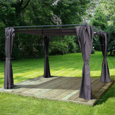 Metal Pergola Gazebo With Retractable Showerproof Sunshade Canopy And Side Curtains, Grey, 3.0X3.0M - image 1