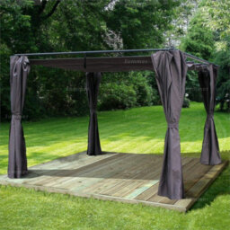 Metal Pergola Gazebo With Retractable Showerproof Sunshade Canopy And Side Curtains, Grey, 3.0X3.0M