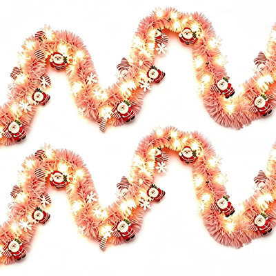 Amorly 9.8 Ft Christmas Tinsel Garland With 40 Led Lights, Pink Hanging Garland With Santa Claus & Snowflakes, For Christmas, Party - image 1