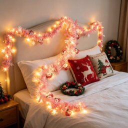 Amorly 9.8 Ft Christmas Tinsel Garland With 40 Led Lights, Pink Hanging Garland With Santa Claus & Snowflakes, For Christmas, Party - thumbnail 8