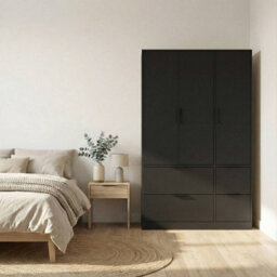 Urbn-Living Urbnliving 3 Door Wardrobe With 4 Drawers Wooden Bedroom Storage Cupboard With Hanging Rail For Clothes - Black Unit & Black Doo - thumbnail 2