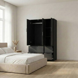 Urbn-Living Urbnliving 3 Door Wardrobe With 4 Drawers Wooden Bedroom Storage Cupboard With Hanging Rail For Clothes - Black Unit & Black Doo - thumbnail 3