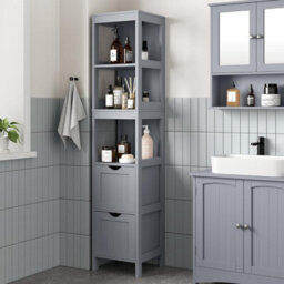Bathroom Tall Cabinet, Freestanding Bathroom Storage Cabinet, Narrow Storage Unit, With Drawers, 3 Open Shelves, Dove Gray