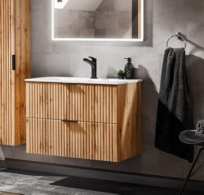 Impact Furniture Vanity Unit With Basin 600mm Wall Hung Bathroom Sink Cabinet Oak Effect Ribbed Fluted Drawers Adel - image 1