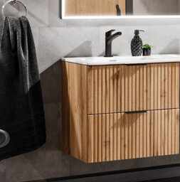 Impact Furniture Vanity Unit With Basin 600mm Wall Hung Bathroom Sink Cabinet Oak Effect Ribbed Fluted Drawers Adel - thumbnail 9