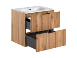 Impact Furniture Vanity Unit With Basin 600mm Wall Hung Bathroom Sink Cabinet Oak Effect Ribbed Fluted Drawers Adel - thumbnail 5