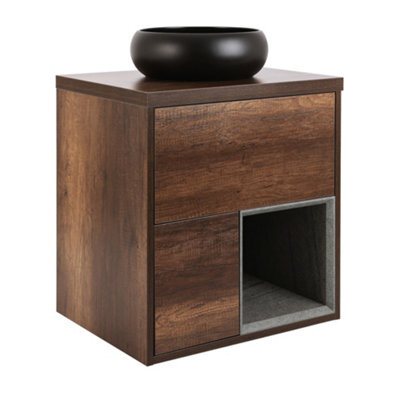 Homestylestore Dark Oak 594mm Led Lit Wall Hung Bathroom Vanity Unit Round Countertop Graphite Basin Open Shelf - image 1