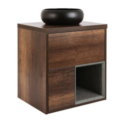 Homestylestore Dark Oak 594mm Led Lit Wall Hung Bathroom Vanity Unit Round Countertop Graphite Basin Open Shelf