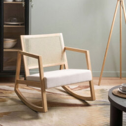 Wyld And Coco Rocking Armchair With Braided Backrest, Light Beige Fabric, Rubberwood Frame - Compact Scandinavian Design - thumbnail 2