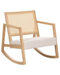 Wyld And Coco Rocking Armchair With Braided Backrest, Light Beige Fabric, Rubberwood Frame - Compact Scandinavian Design - thumbnail 3