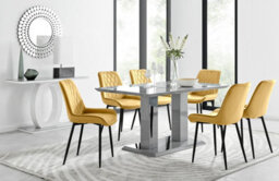 Furniturebox Imperia Grey High Gloss 6 Seater Dining Table With Structural 2 Plinth Column Legs 6 Mustard Velvet Black Leg Pesaro Chairs