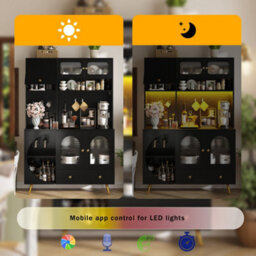 Abrihome Tall Kitchen Cabinet With Led Lights & Usb Ports, Modern Sideboard Storage Cabinet With Drawer For Kitchen, 120X40X176 Cm, Black - thumbnail 6