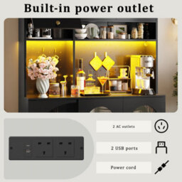 Abrihome Tall Kitchen Cabinet With Led Lights & Usb Ports, Modern Sideboard Storage Cabinet With Drawer For Kitchen, 120X40X176 Cm, Black - thumbnail 5