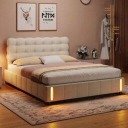 5Ft Double Bed 150X200 With Storage, Bed Frame With Inductive Led, Padded Headboard, Slatted, For Adults And Teenagers, Velvet - thumbnail 2