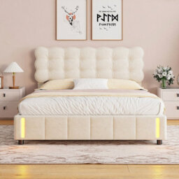 5Ft Double Bed 150X200 With Storage, Bed Frame With Inductive Led, Padded Headboard, Slatted, For Adults And Teenagers, Velvet - thumbnail 1