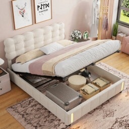 5Ft Double Bed 150X200 With Storage, Bed Frame With Inductive Led, Padded Headboard, Slatted, For Adults And Teenagers, Velvet - thumbnail 3