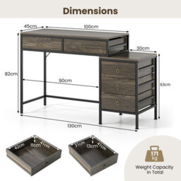 Costway Computer Desk With 5 Drawers Home Office Desk With Side File Cabinet-Grey - thumbnail 3