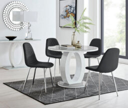 Furniturebox Giovani Round 4 Seat 100Cm White High Gloss Halo Base Grey Glass Top Dining Table 4 Black Faux Leather Silver Leg Corona Chairs - thumbnail 5