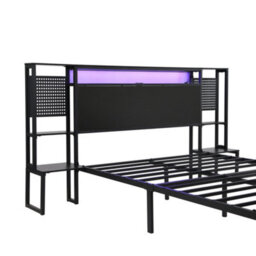 Abrihome 4Ft6 Double Metal Bed With Led Lights & Charging Ports - 135X190Cm, Black, Built-In Bedside Table - thumbnail 9