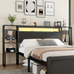 Abrihome 4Ft6 Double Metal Bed With Led Lights & Charging Ports - 135X190Cm, Black, Built-In Bedside Table - thumbnail 5