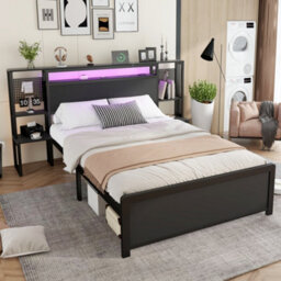 Abrihome 4Ft6 Double Metal Bed With Led Lights & Charging Ports - 135X190Cm, Black, Built-In Bedside Table - thumbnail 4
