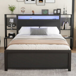 Abrihome 4Ft6 Double Metal Bed With Led Lights & Charging Ports - 135X190Cm, Black, Built-In Bedside Table - thumbnail 2