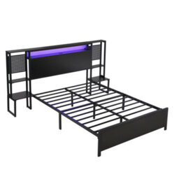 Abrihome 4Ft6 Double Metal Bed With Led Lights & Charging Ports - 135X190Cm, Black, Built-In Bedside Table - thumbnail 7