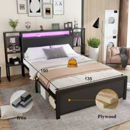 Abrihome 4Ft6 Double Metal Bed With Led Lights & Charging Ports - 135X190Cm, Black, Built-In Bedside Table - thumbnail 3