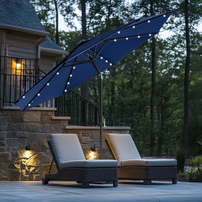 Rinse Bathrooms Blue Garden Parasol With Solar Powered Lights With Tilt And Crank Handle Outdoor Patio Umbrella Mechanism 2.7M - image 1