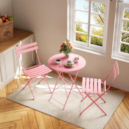 3 Piece Foldable Metal Bistro Set, Collapsible Table & 2 Patio Chairs, Space Saving For Balcony Garden Small Patio, Pink - thumbnail 5