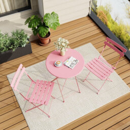 3 Piece Foldable Metal Bistro Set, Collapsible Table & 2 Patio Chairs, Space Saving For Balcony Garden Small Patio, Pink - thumbnail 3