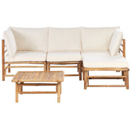 Beliani Garden Corner Sofa With Table 4 Seater Cerreto Left Hand Off-White Bamboo - thumbnail 1
