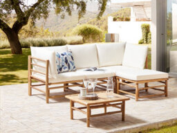 Beliani Garden Corner Sofa With Table 4 Seater Cerreto Left Hand Off-White Bamboo - thumbnail 2