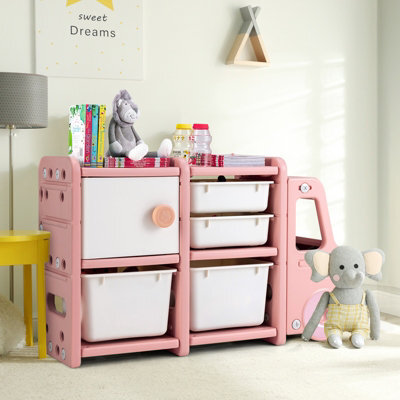 Costway Kids Toy Storage Organizer Truck-Shaped Toddler Storage Cabinet 2 Plastic Bins - image 1