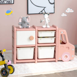 Costway Kids Toy Storage Organizer Truck-Shaped Toddler Storage Cabinet 2 Plastic Bins - thumbnail 4