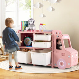 Costway Kids Toy Storage Organizer Truck-Shaped Toddler Storage Cabinet 2 Plastic Bins - thumbnail 5