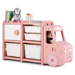Costway Kids Toy Storage Organizer Truck-Shaped Toddler Storage Cabinet 2 Plastic Bins - thumbnail 2