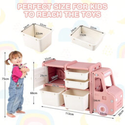 Costway Kids Toy Storage Organizer Truck-Shaped Toddler Storage Cabinet 2 Plastic Bins - thumbnail 3