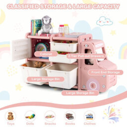 Costway Kids Toy Storage Organizer Truck-Shaped Toddler Storage Cabinet 2 Plastic Bins - thumbnail 8