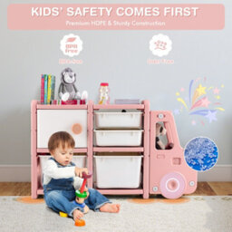 Costway Kids Toy Storage Organizer Truck-Shaped Toddler Storage Cabinet 2 Plastic Bins - thumbnail 9