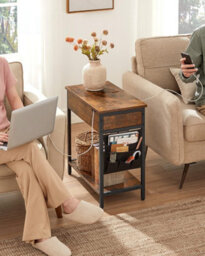 Songmics Vasagle Narrow Side Table With Charging Dock, Bedside Storage Solution, Usb Connectivity, Power Outlets, Rustic Brown & Black
