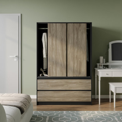 Urbn-Living Urbnliving 180Cm Height Black Carcass 3 Sliding Oak Door With 4 Oak Drawer Wardrobe Clothes Storage Hanging Rail Bedroom - image 1