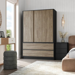 Urbn-Living Urbnliving 180Cm Height Black Carcass 3 Sliding Oak Door With 4 Oak Drawer Wardrobe Clothes Storage Hanging Rail Bedroom - thumbnail 2