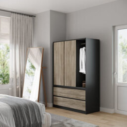Urbn-Living Urbnliving 180Cm Height Black Carcass 3 Sliding Oak Door With 4 Oak Drawer Wardrobe Clothes Storage Hanging Rail Bedroom - thumbnail 4