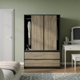 Urbn-Living Urbnliving 180Cm Height Black Carcass 3 Sliding Oak Door With 4 Oak Drawer Wardrobe Clothes Storage Hanging Rail Bedroom